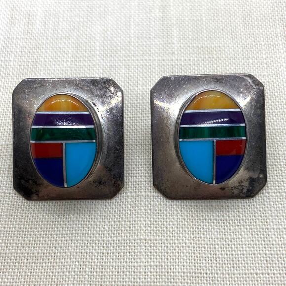 Navajo Jewelry - Vintage Rita Dawes Navajo EARRINGS Sterling Inlay